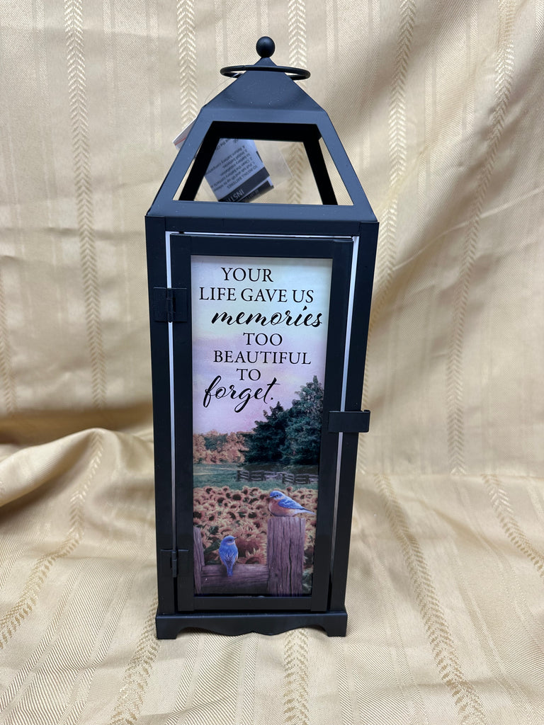Lantern- Your life gave us memories. battery operated candle inside. 5x15 inches